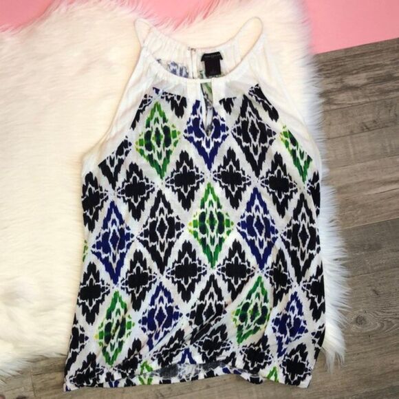 Ann Taylor White Multi IKat Printed Keyhole Top - Picture 7 of 8